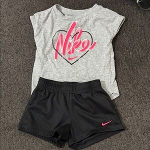 Nike Gray Top with Pink Logo and Black Shorts